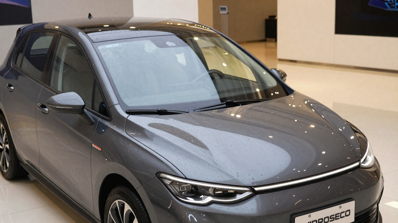 Carro cinzento elétrico Volkswagen ID.3 estacionado num interior moderno com chão branco.