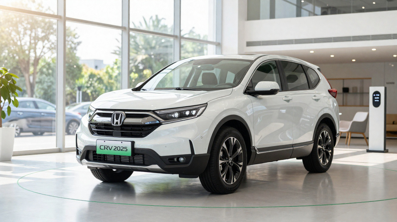 Honda CR-V branco 2025 estacionado em showroom moderno com janelas grandes e luz natural.