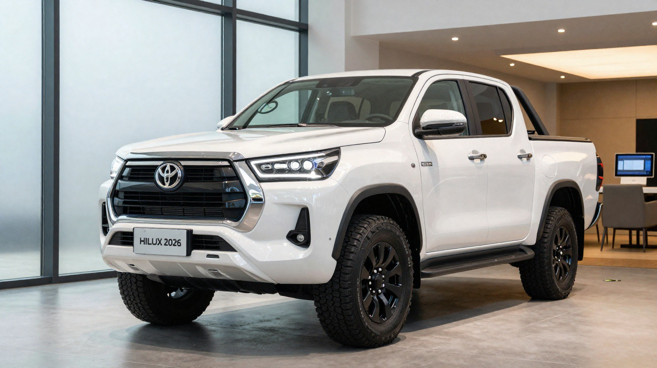 Pick-up branca Toyota Hilux 2026 estacionada em ambiente interior moderno e iluminado.
