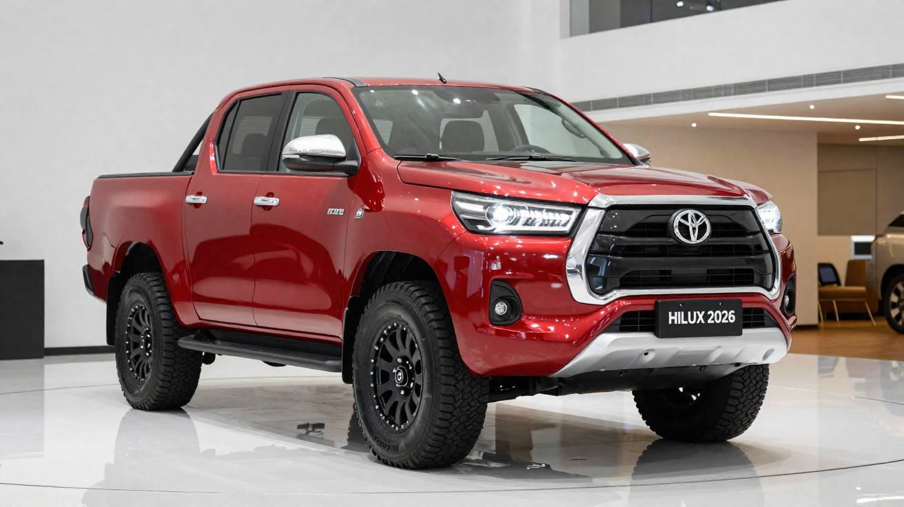 Pick-up Toyota Hilux 2026 vermelha exposta num salão automóvel moderno.