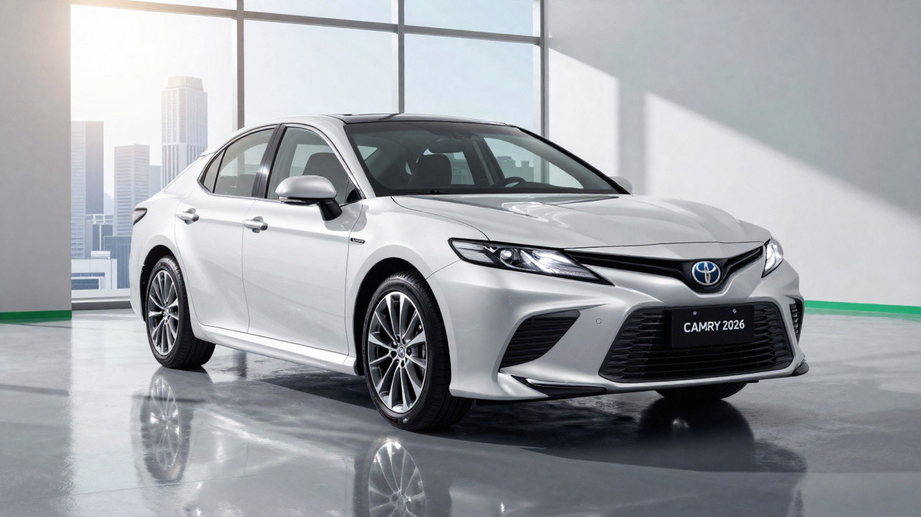 Carro Toyota Camry 2026 prata estacionado em interior moderno com janelas grandes e vista urbana.