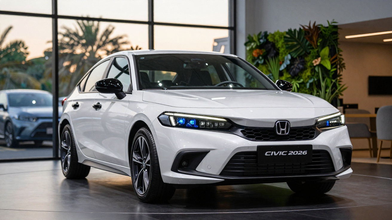 Automóvel branco Honda Civic 2026 apresentado em salão moderno com iluminação suave e plantas decorativas.