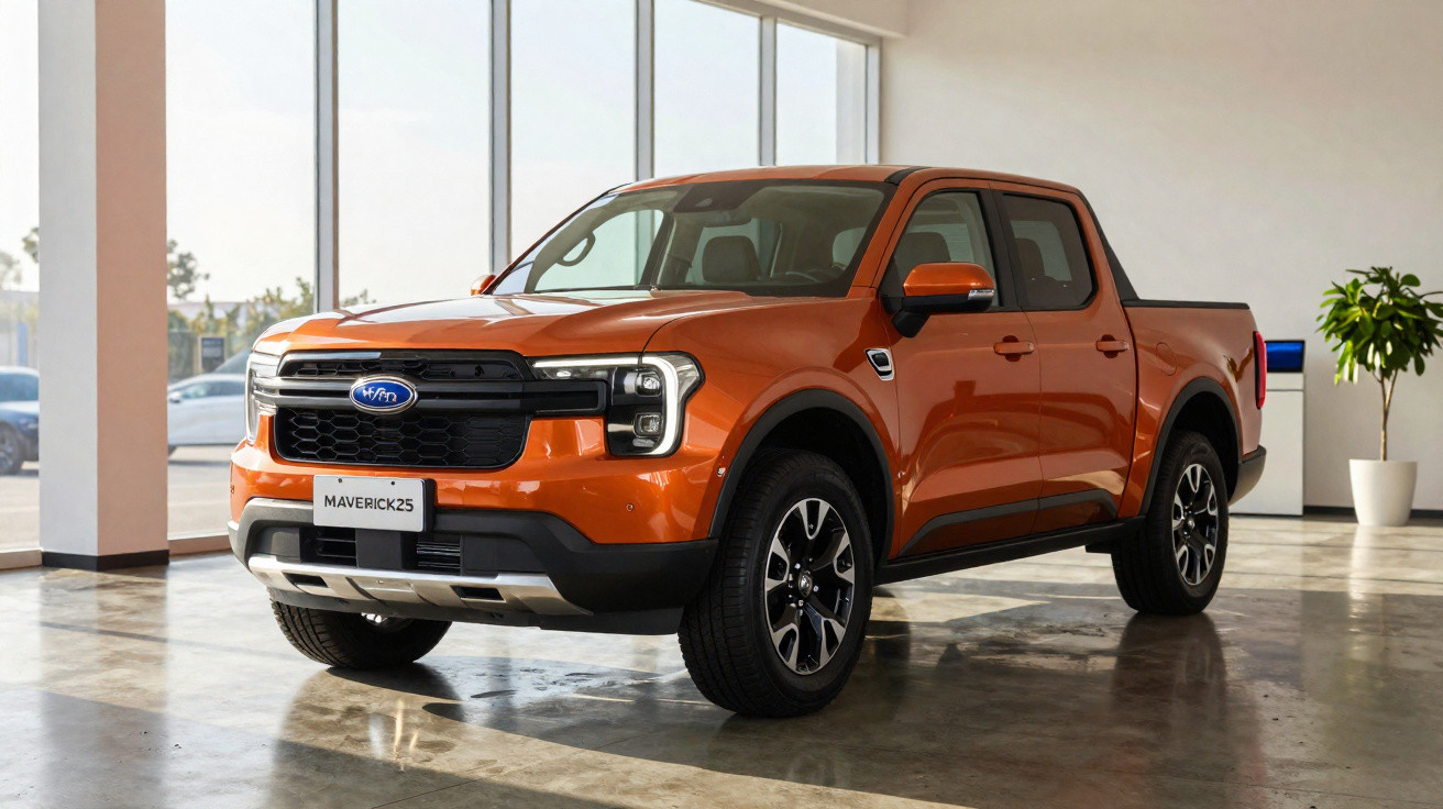 Picape elétrica laranja BYD Maverick 25 estacionada em showroom com piso de cimento polido e luz natural.
