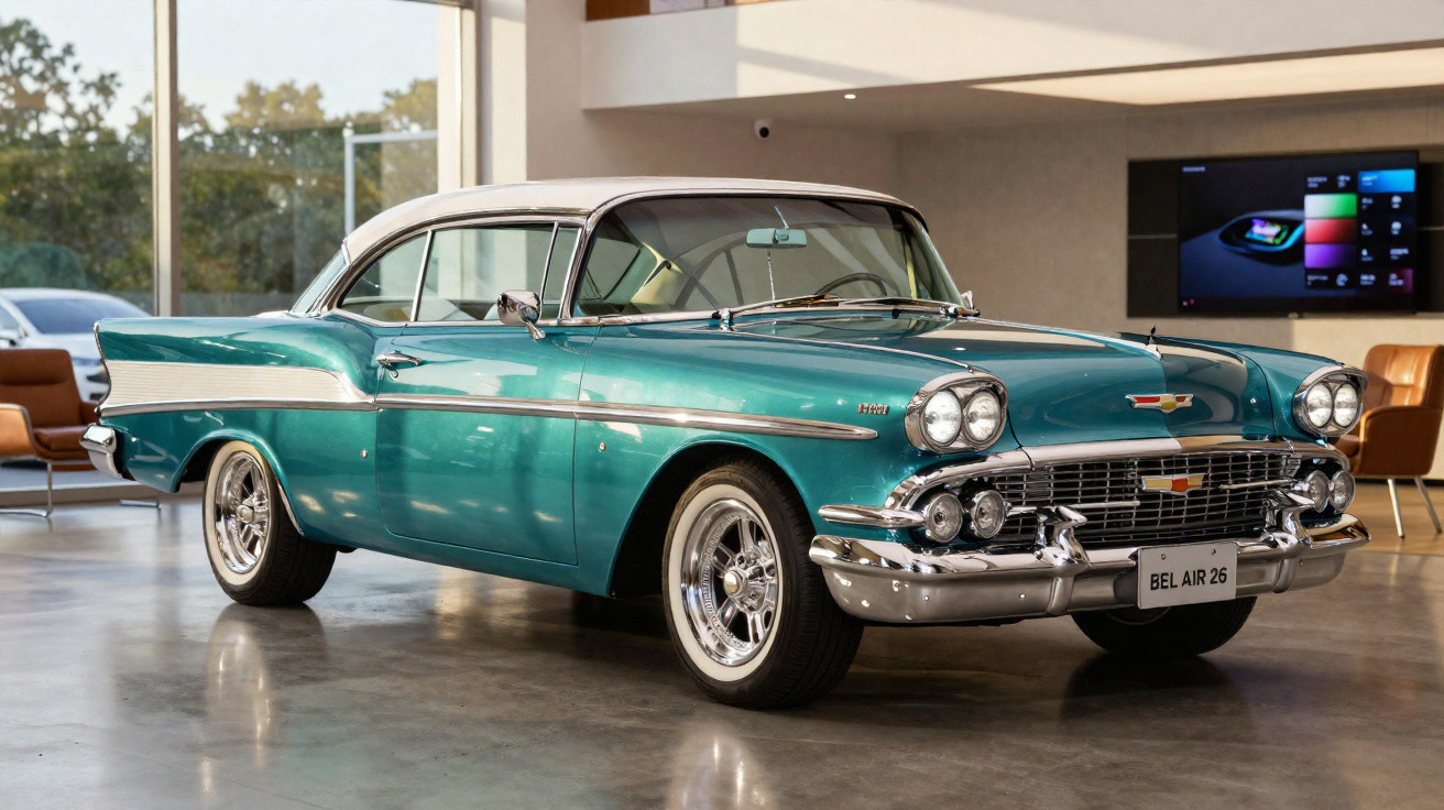 Carro clássico Chevrolet Bel Air 1958 verde com tejadilho branco, estacionado interiormente em chão polido.