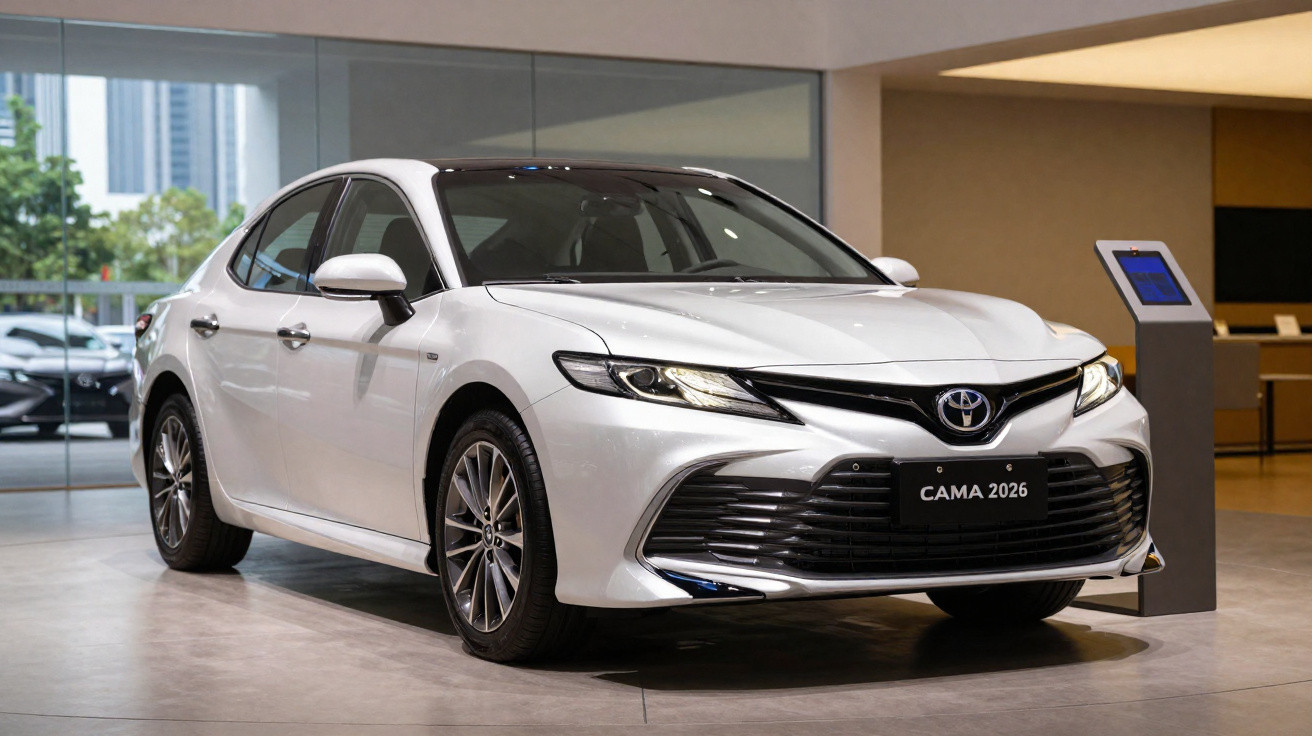 Carro Toyota Camry 2026 branco estacionado em interior de showroom moderno, com iluminação natural.