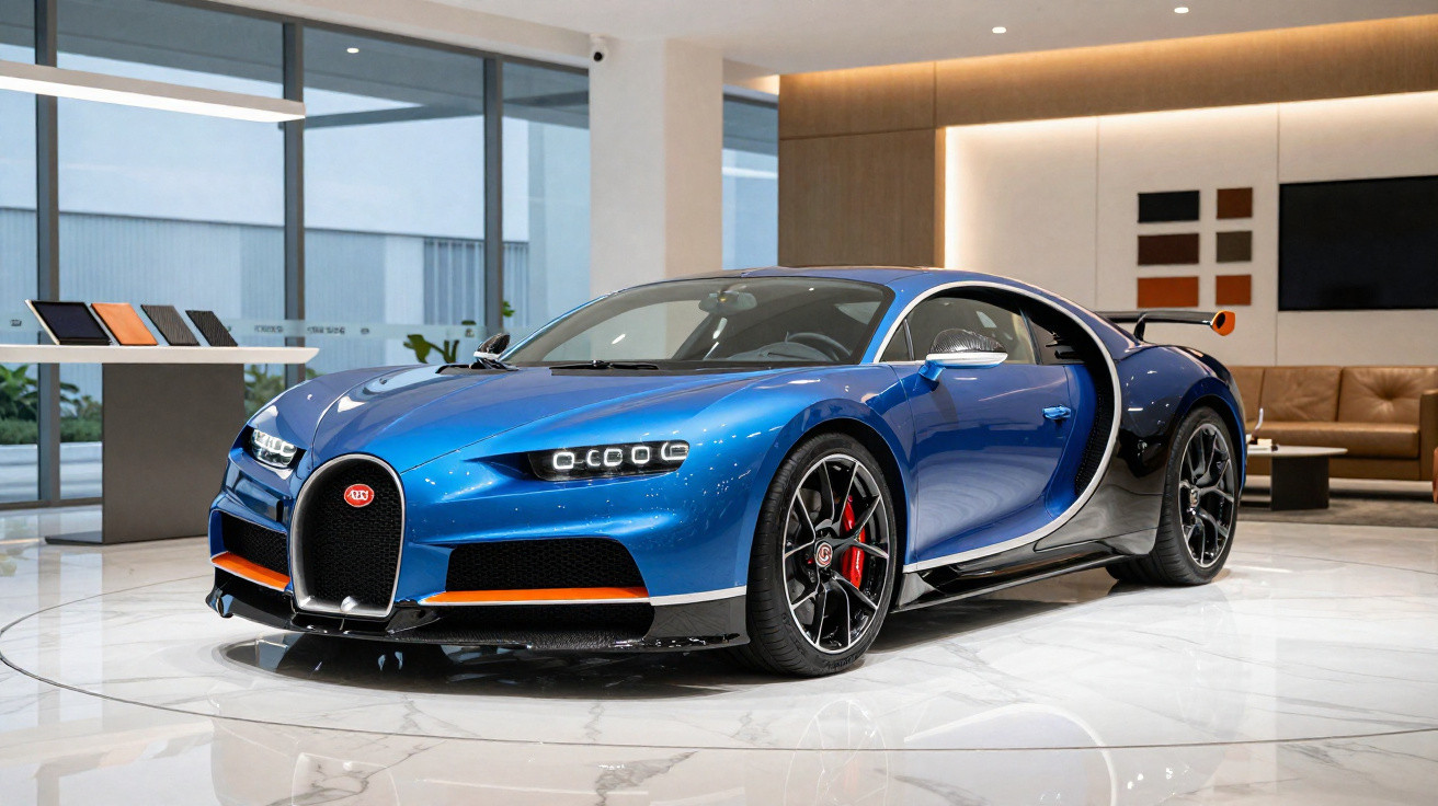 Carro desportivo Bugatti Chiron azul e preto em showroom moderno com chão branco e paredes claras.