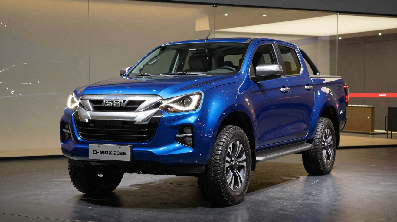 Picape azul ISUZU D-MAX 2026 exibida em espaço interior moderno e iluminado.