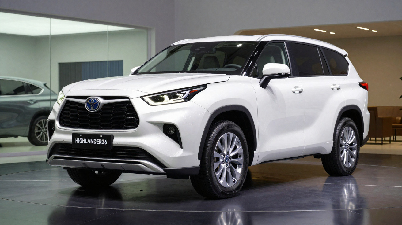 Toyota Highlander branco estacionado em espaço interior elegante.