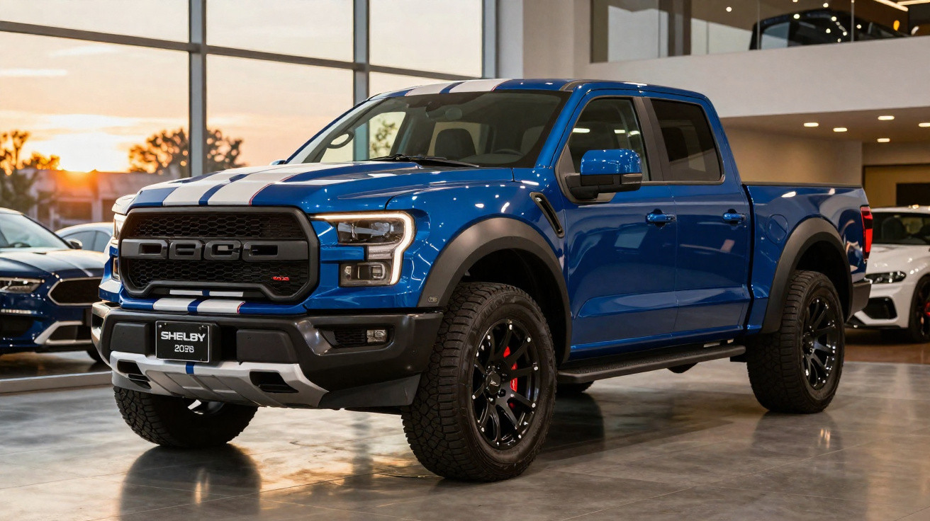 Pick-up azul Shelby 2018 com faixas brancas, pneus robustos, exposta num showroom iluminado.