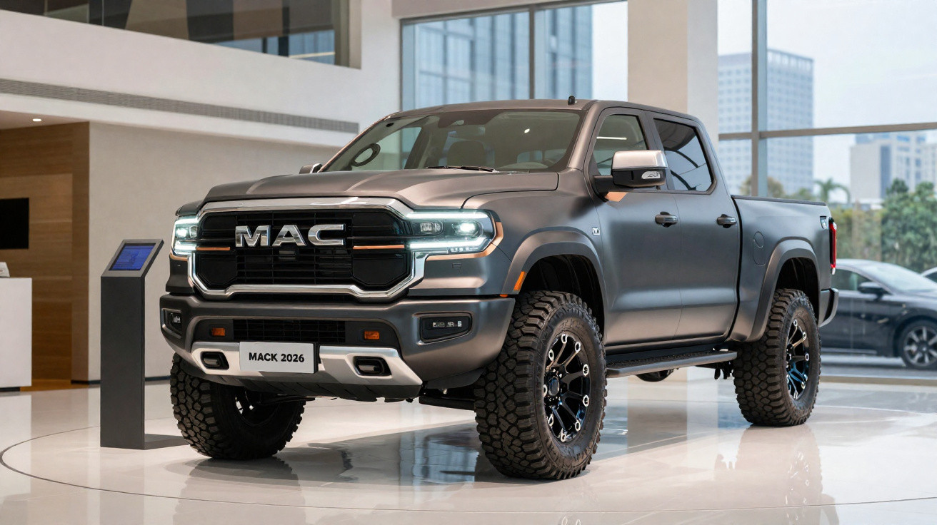 Pick-up preta MACK 2026 em exibição numa sala moderna com janelas amplas e iluminação natural.