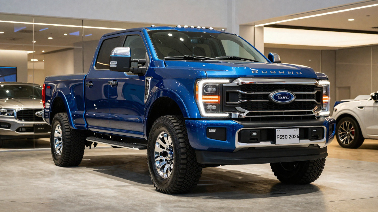 Pick-up azul Ford F-650 2026 estacionada em interior de concessionária moderna.