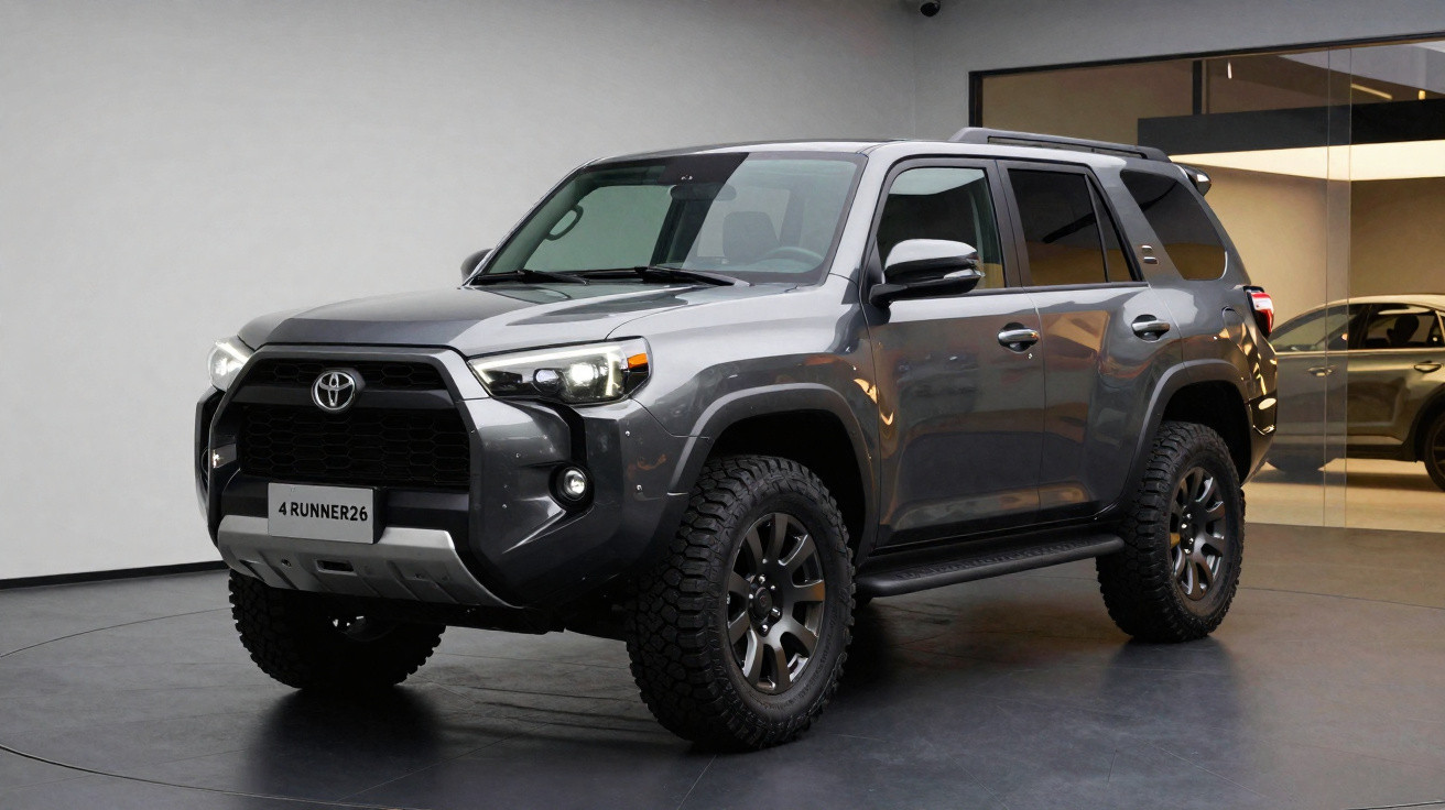 SUV Toyota 4Runner cinzento estacionado num interior moderno com iluminação suave.