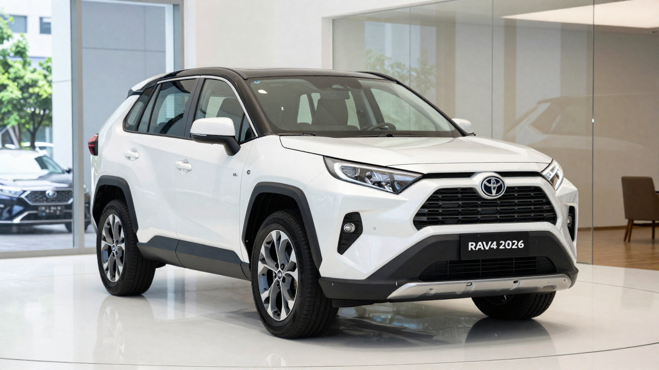 Toyota RAV4 2026 branco exibido numa sala de exposição moderna com chão brilhante.