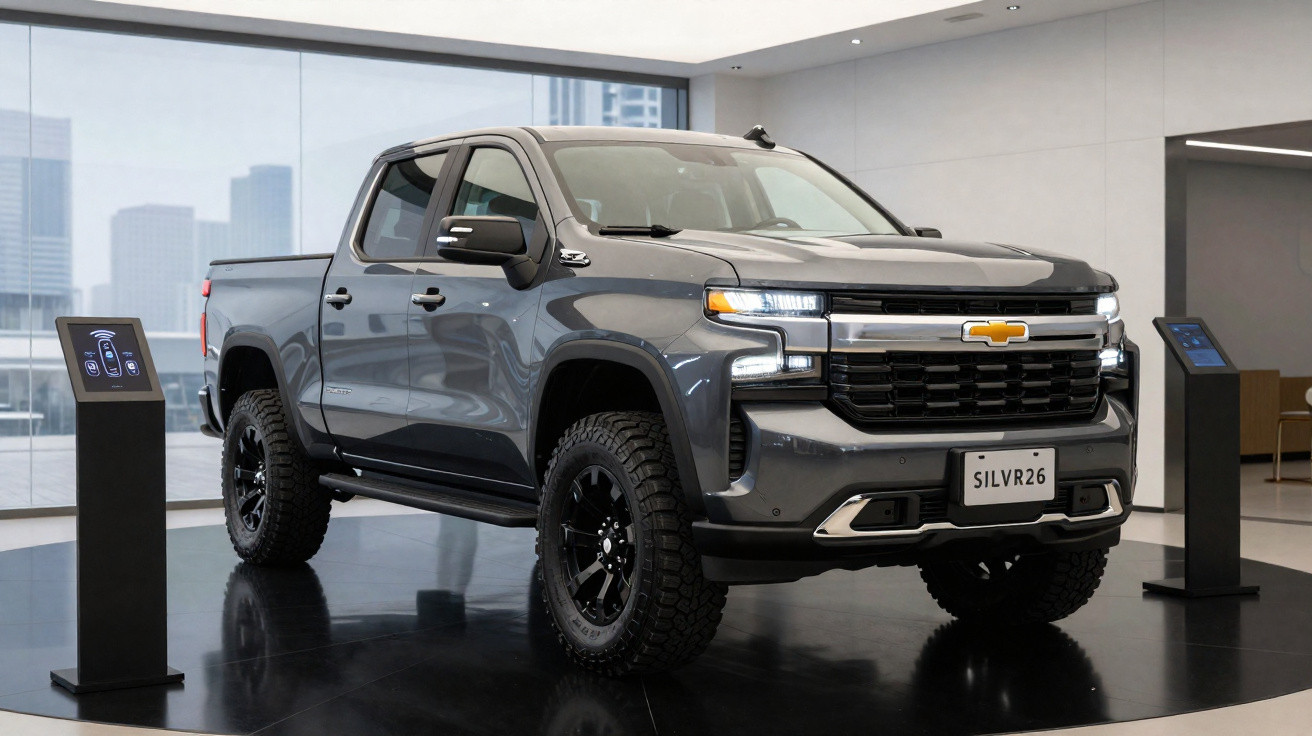 Picape Chevrolet Silverado cinza exposta em salão moderno com vidro e painéis digitais.