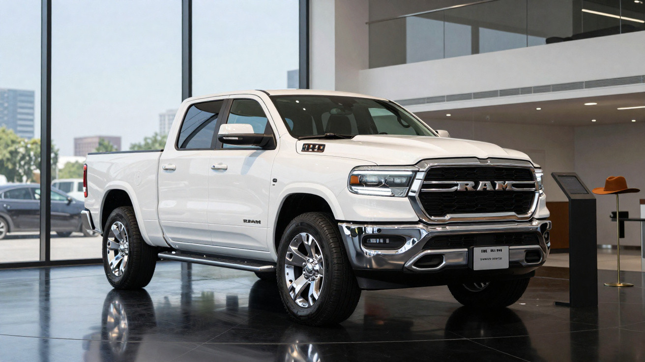 Picape branca RAM 1500 exibida em ambiente moderno, com amplo vidro e piso refletor.