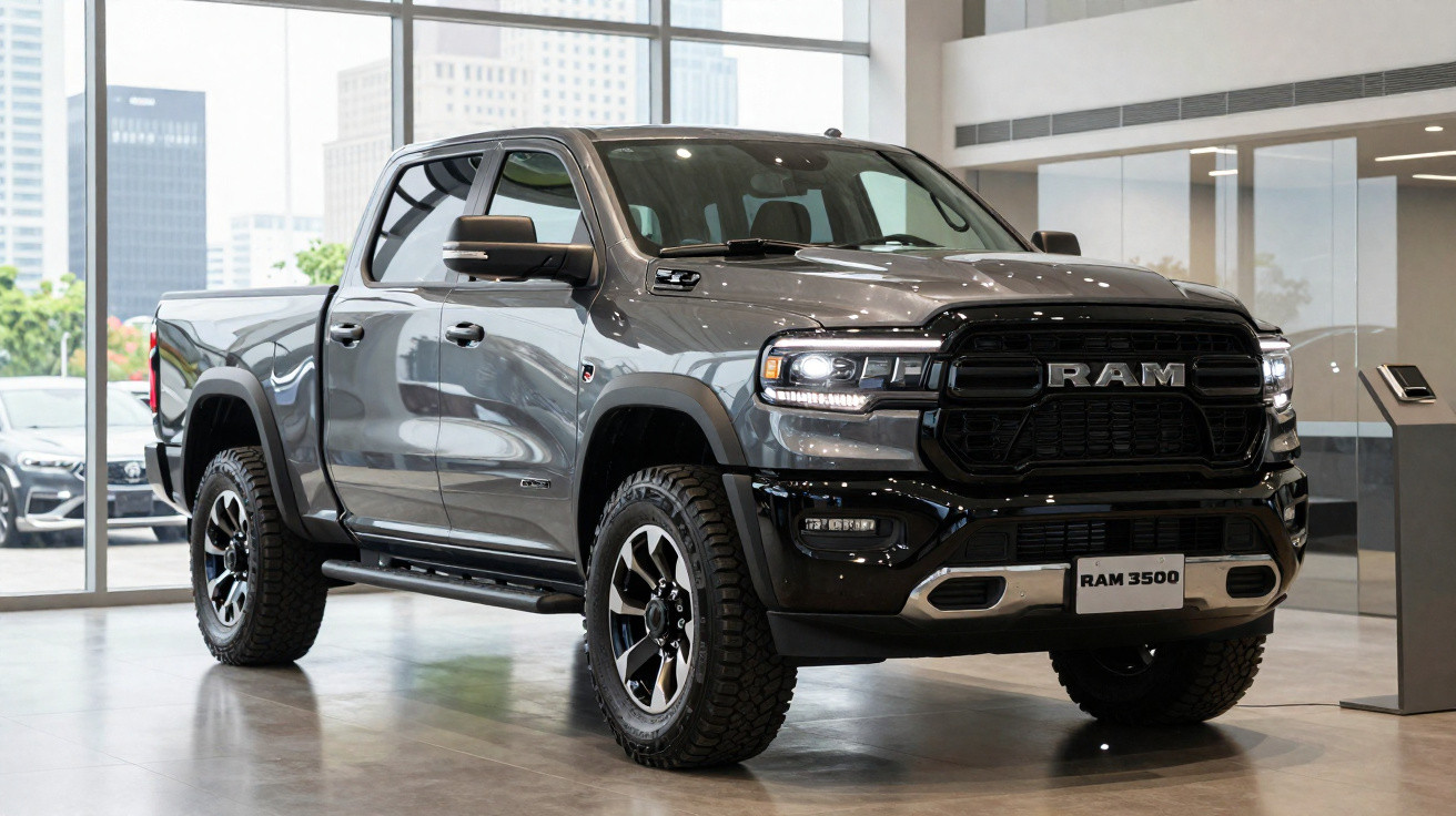 Picape RAM 3500 cinza estacionada em showroom moderno com janelas amplas e iluminação natural.