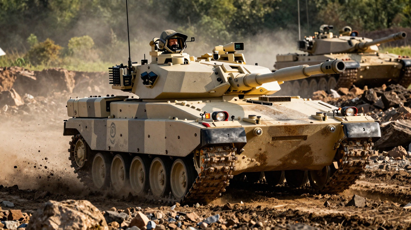 Carro de combate militar em terreno rochoso, com soldados visíveis na viatura em movimento.