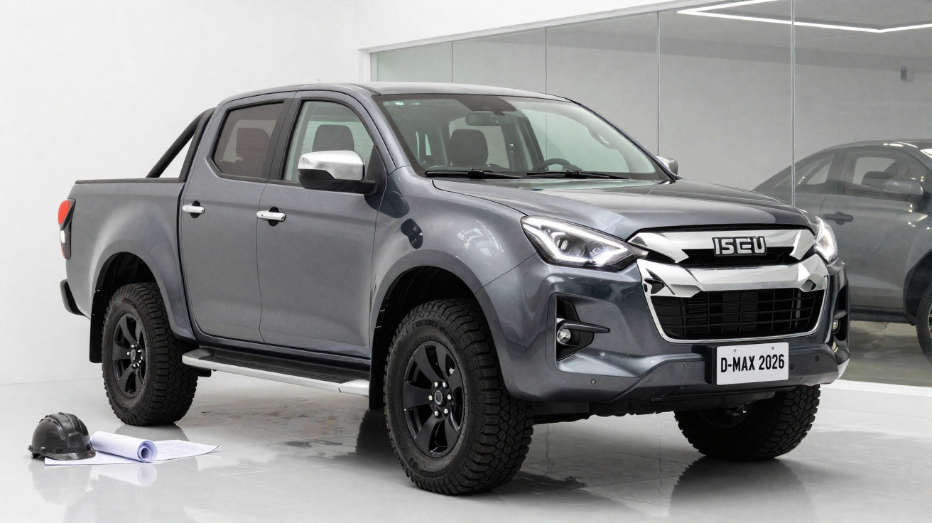 Pick-up Isuzu D-Max cinza metálico estacionada em interior com capacete e plantas no chão.