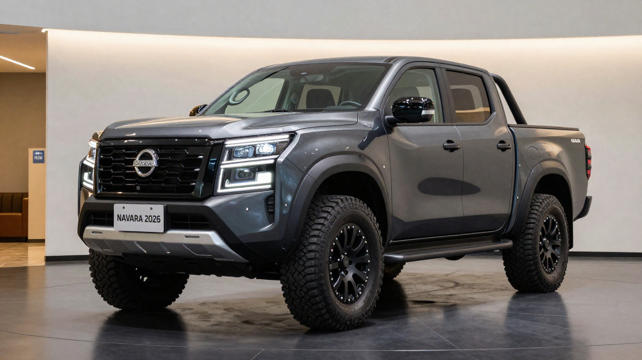Pick-up Nissan Navara 2026 cinzenta, vista lateral em ambiente interior minimalista.
