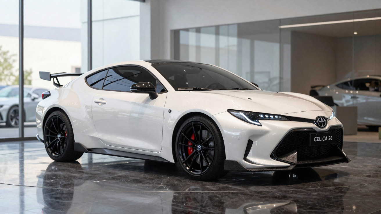 Carro desportivo branco Toyota Celica 26 exibido numa loja moderna com chão espelhado.