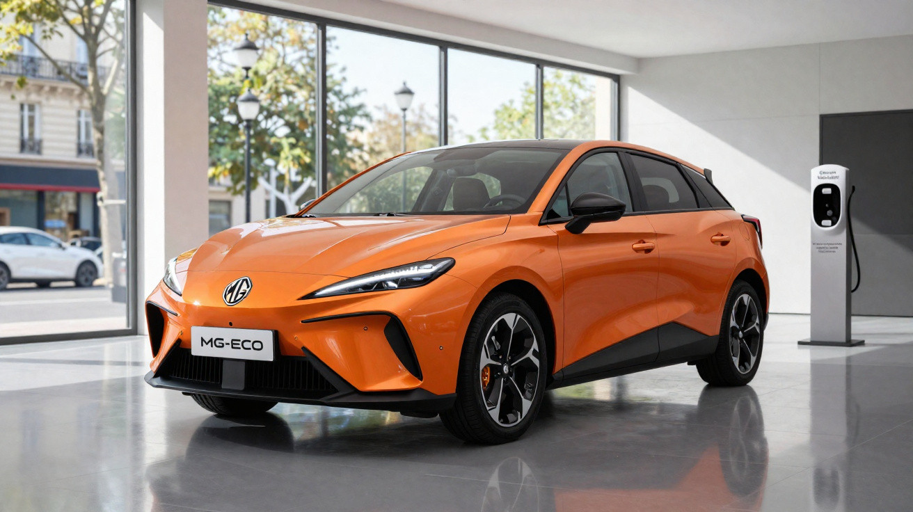 Carro elétrico compacto laranja MG-ECO estacionado junto a posto de carregamento em ambiente moderno e iluminado.
