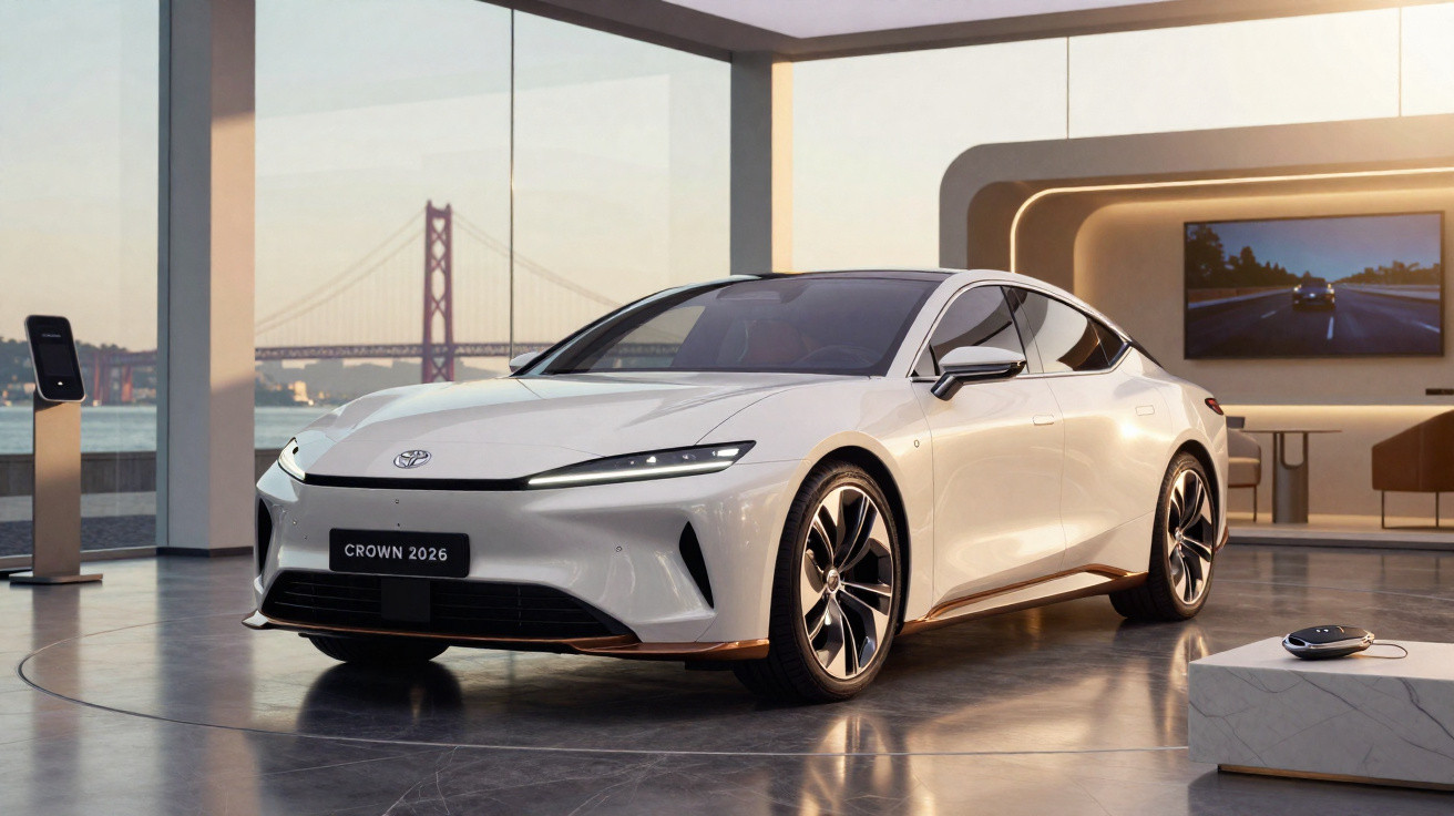 Carro elétrico Toyota Crown 2026 branco exposto numa sala moderna com vista para uma ponte.