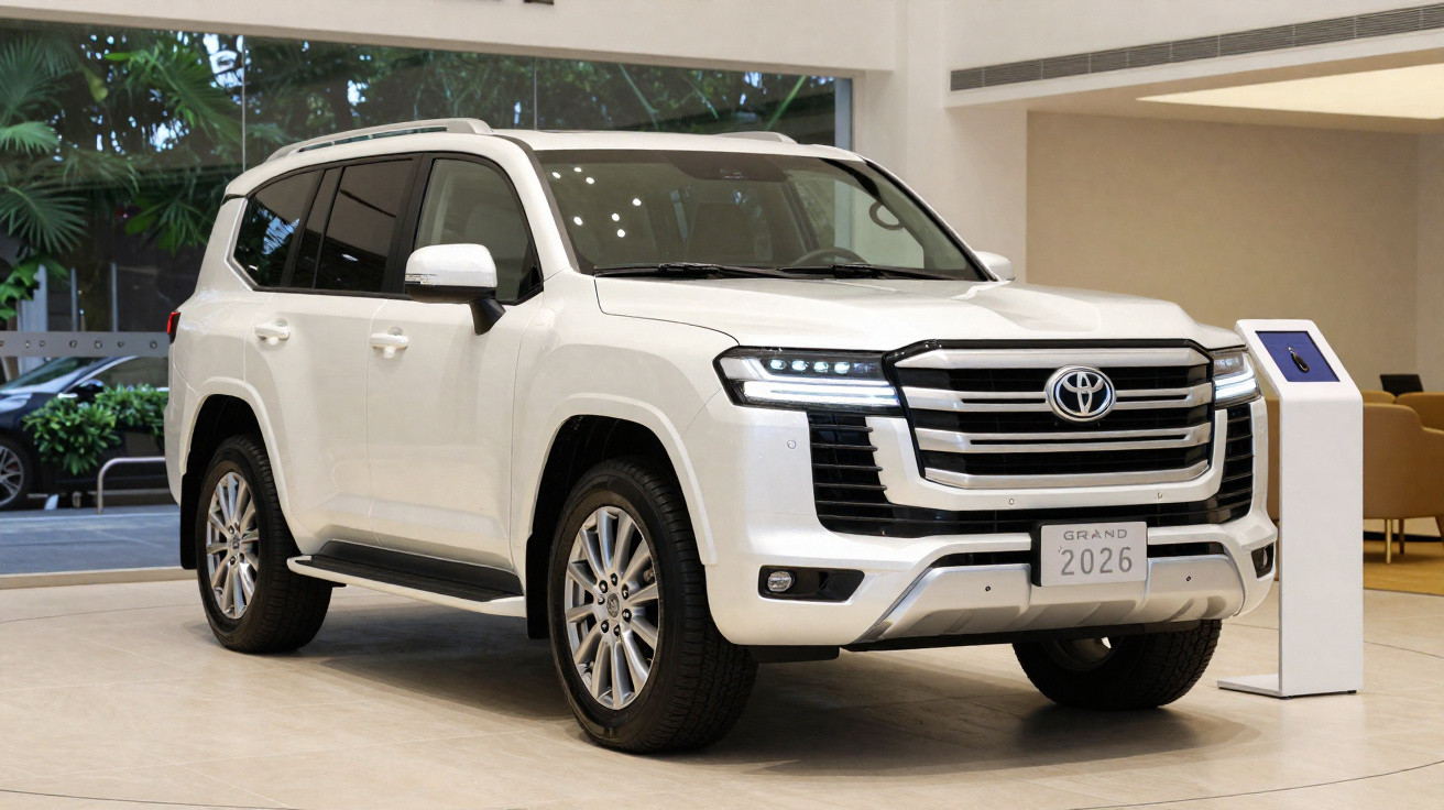 Toyota Land Cruiser branco 2026 estacionado num interior moderno e iluminado.