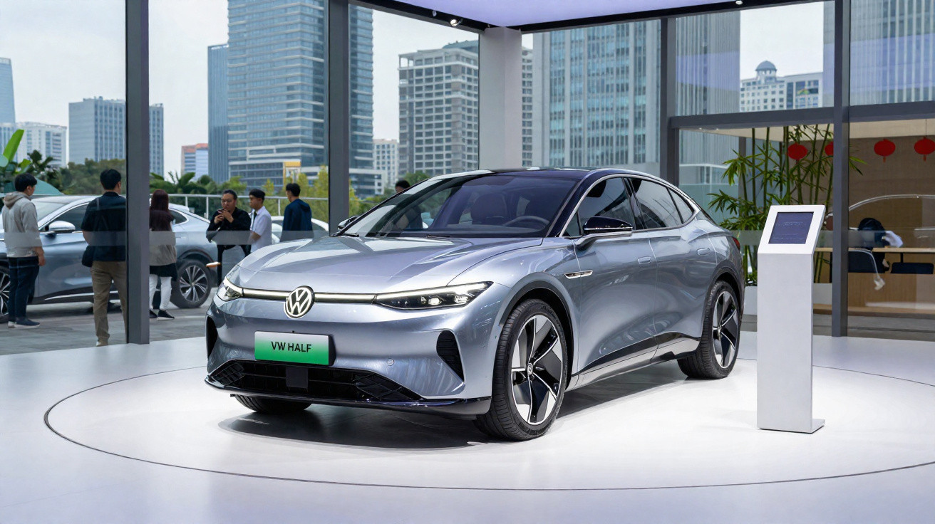 Carro elétrico Volkswagen VW Half prata exposto em salão com edifícios ao fundo e pessoas observando.