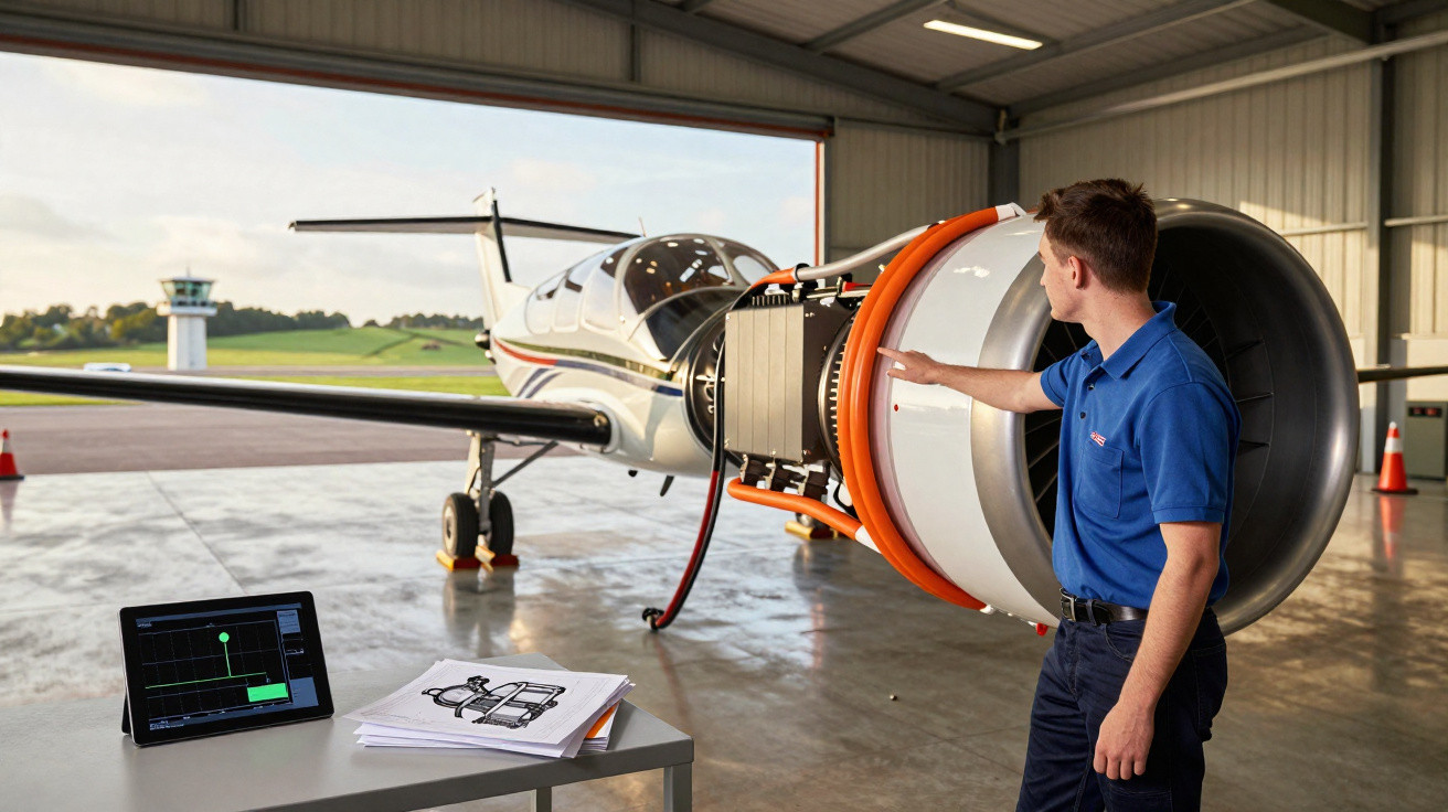 Homem a inspecionar motor de avião num hangar, com tablet e documentos numa mesa perto.