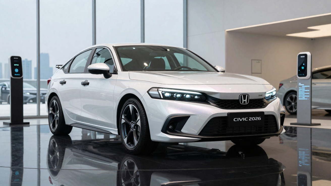 Carro Honda Civic 2026 branco exibido numa sala de exposição moderna com chão espelhado.