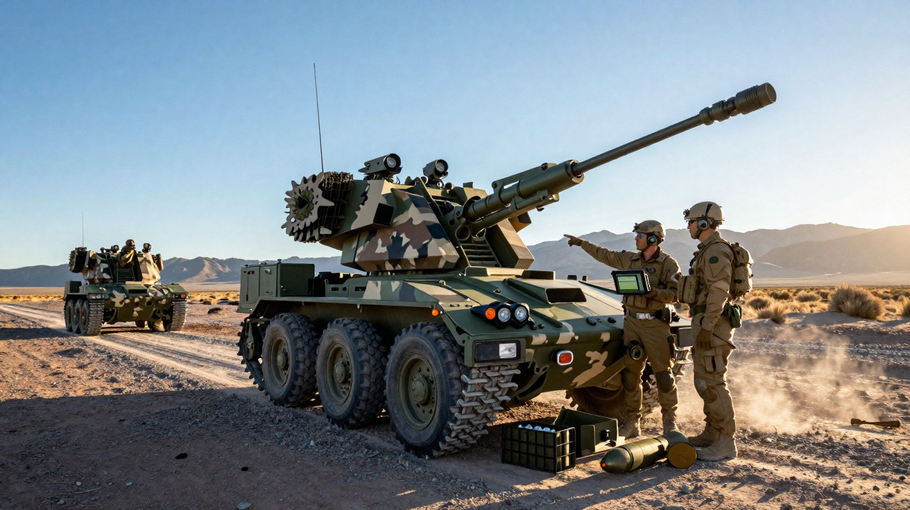 Viatura militar blindada camuflada com soldados a preparar munição num terreno desértico com montanhas ao fundo.