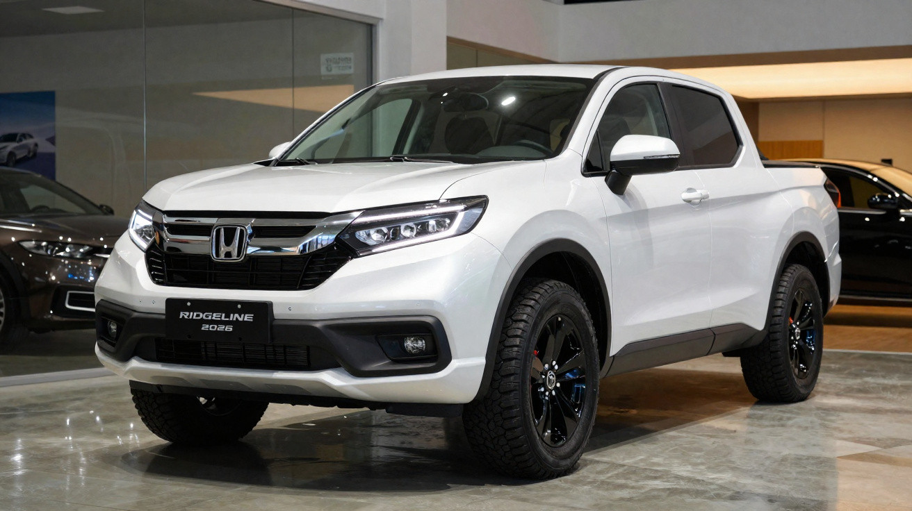Pick-up Honda Ridgeline branca exposta em salão automóvel com rodas pretas.