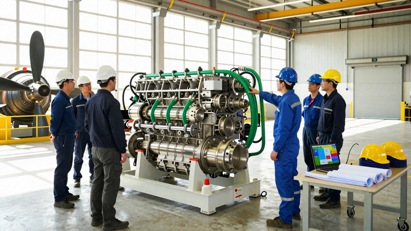 Engenheiros com capacetes a inspecionar motor industrial numa oficina luminosa com helicóptero ao fundo.