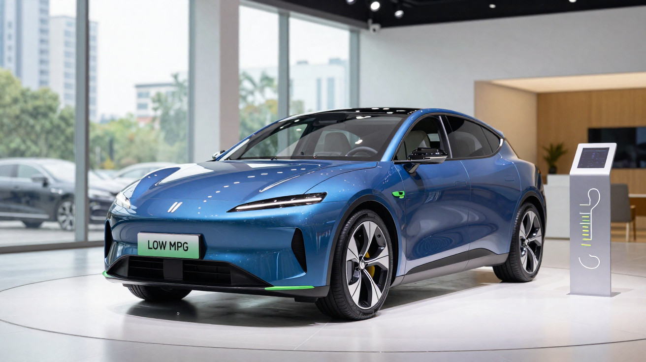 Carro elétrico azul exposto em showroom moderno, ao lado de estação de carregamento.