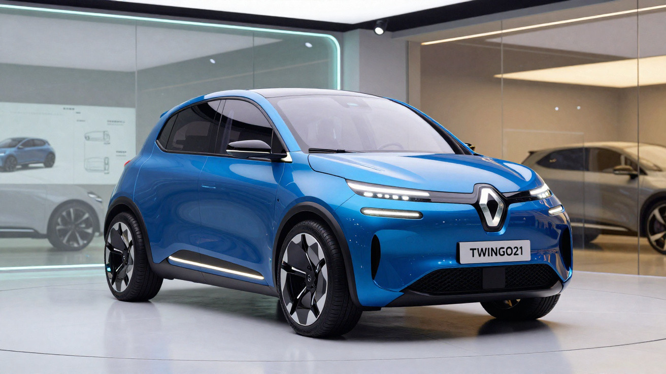 Automóvel elétrico Renault Twingo 2021 azul exposto em showroom moderno e luminoso.