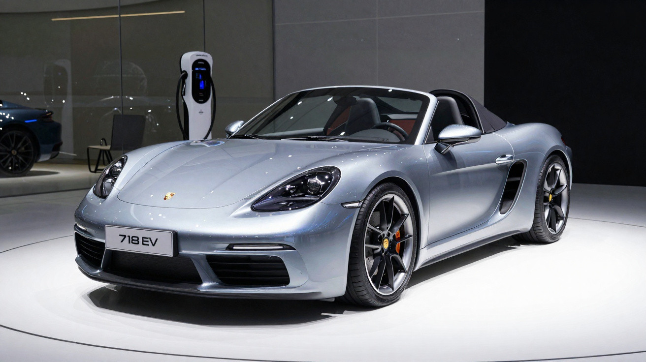 Carro desportivo elétrico Porsche 718 EV prateado apresentado numa exposição com carregador ao fundo.