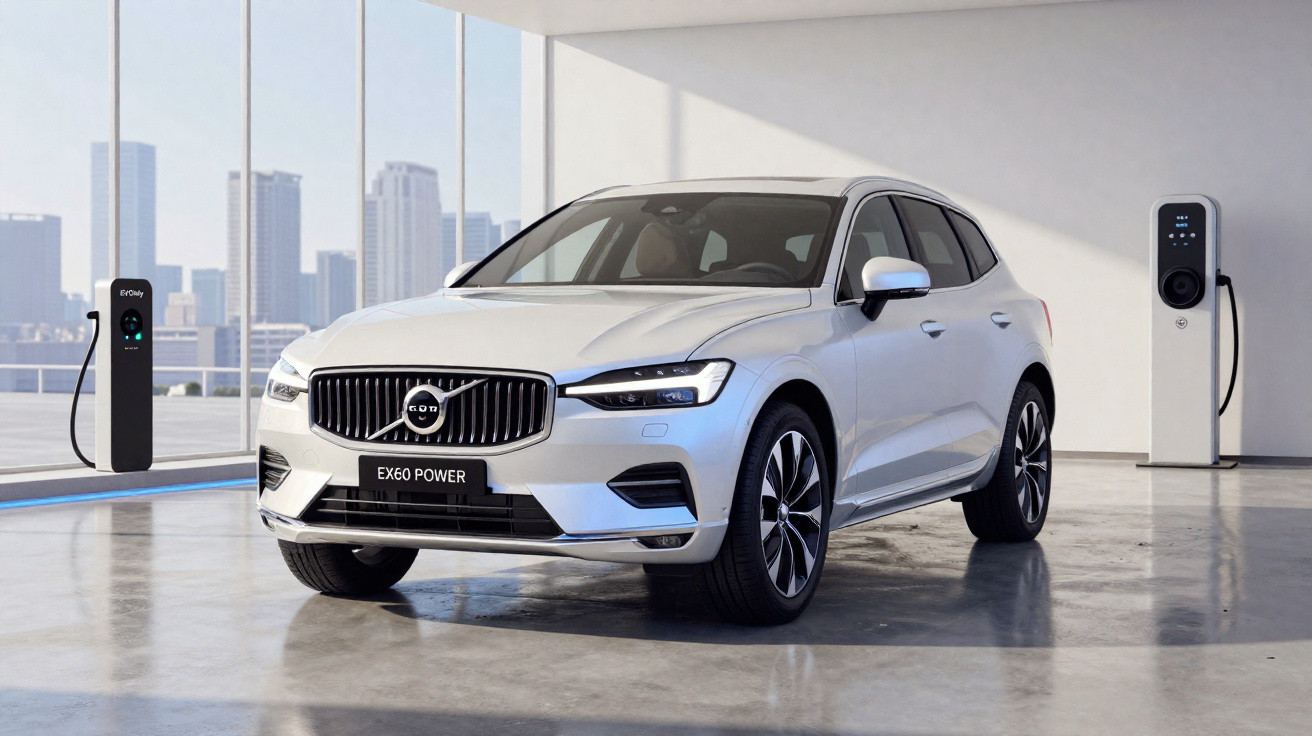 Automóvel elétrico Volvo EX60 POWER branco estacionado em garagem com postos de carregamento.