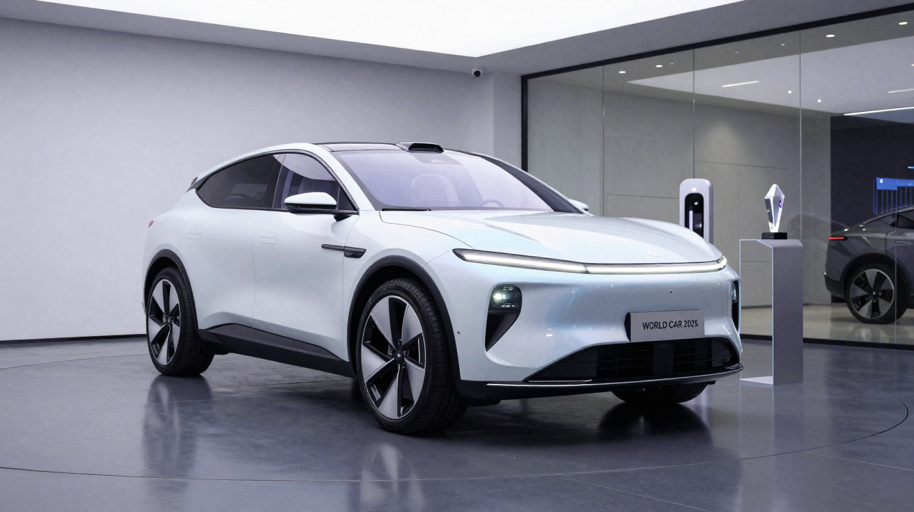 Carro elétrico branco futurista em exposição com design aerodinâmico e detalhes em preto brilho.