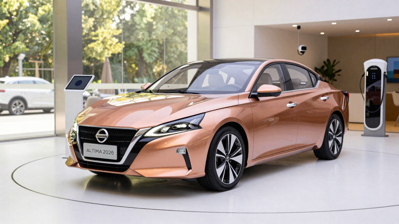 Carro Nissan Altima 2026 cor bronze exposto em showroom moderno com iluminação natural.