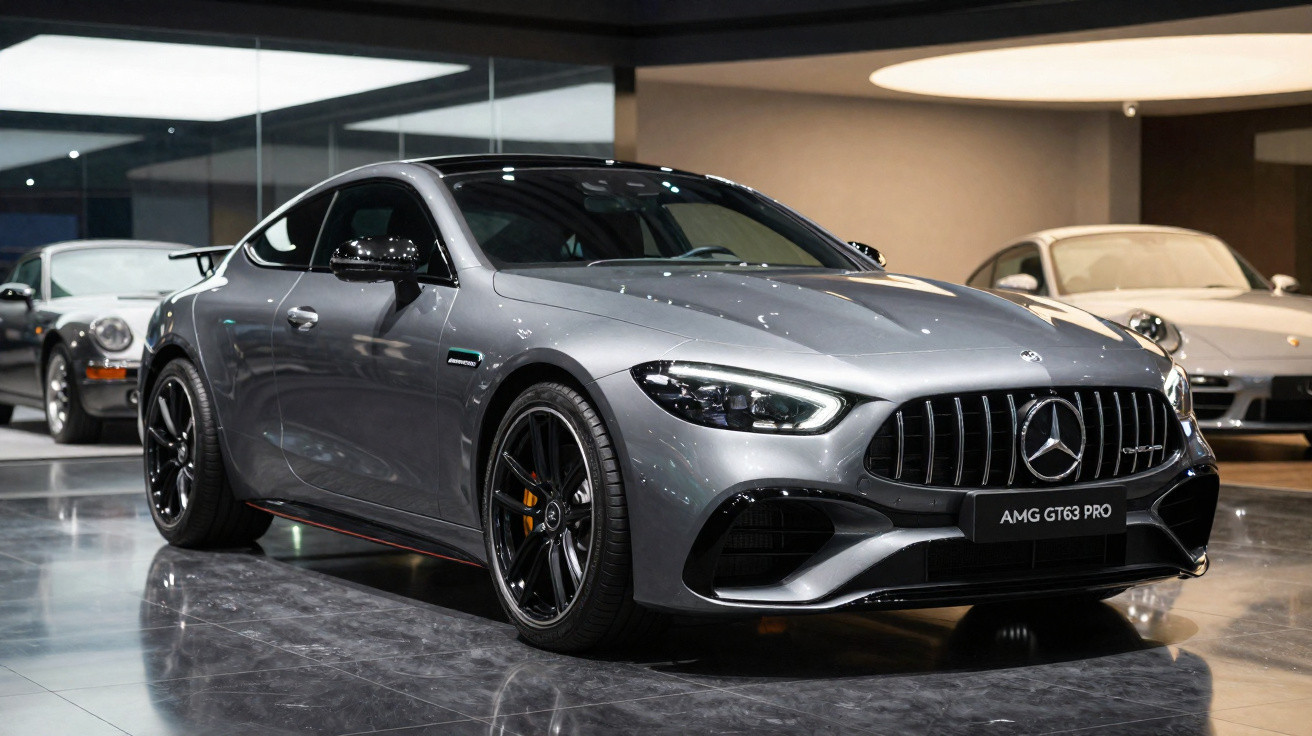 Carro desportivo Mercedes AMG GT63 PRO cinzento estacionado em interior com carros ao fundo.