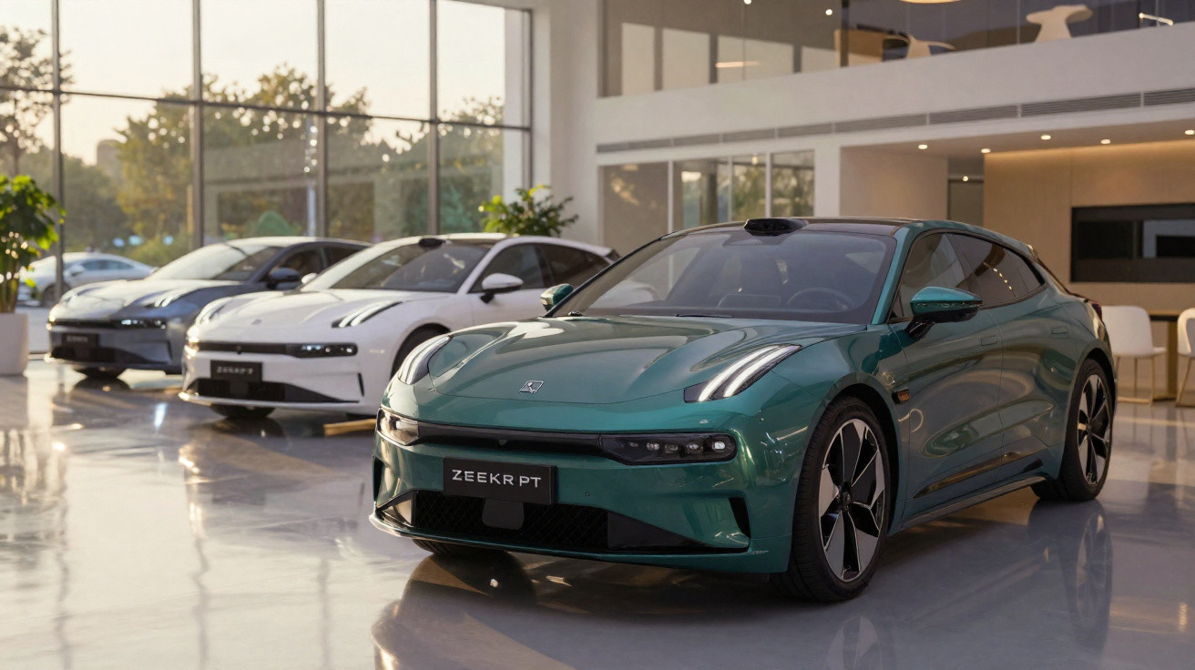 Automóveis elétricos modernos estacionados em exposição numa sala ampla e iluminada.