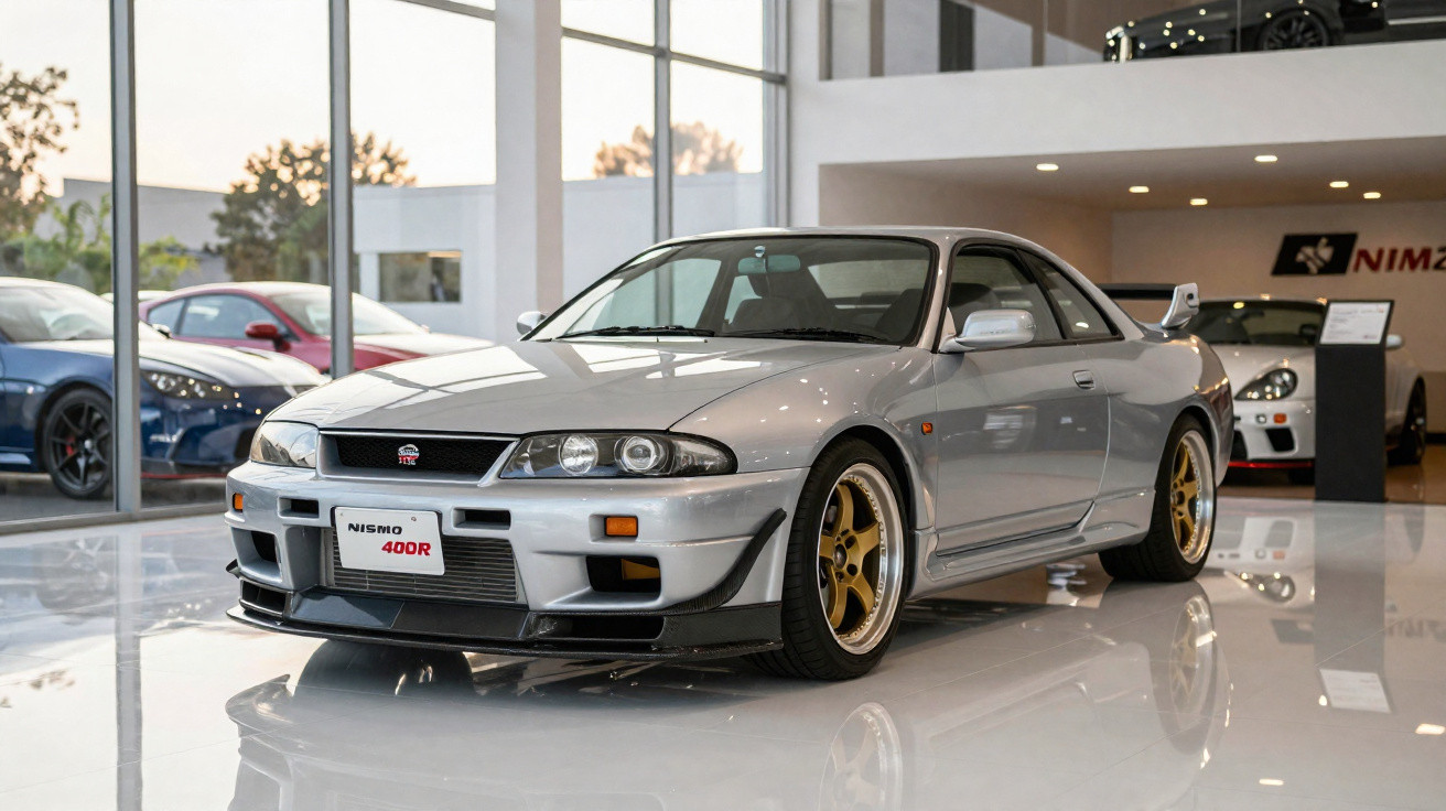 Carro desportivo prata Nissan Skyline R33 GT-R Nismo 400R numa exposição moderna com chão reflector.