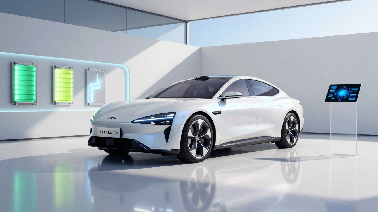Carro elétrico branco futurista num espaço minimalista com painéis de bateria e ecrã digital.
