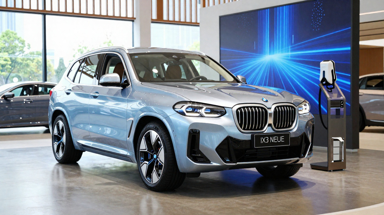 Carro elétrico BMW iX3 prata estacionado dentro de concessionária ao lado de posto de carregamento.