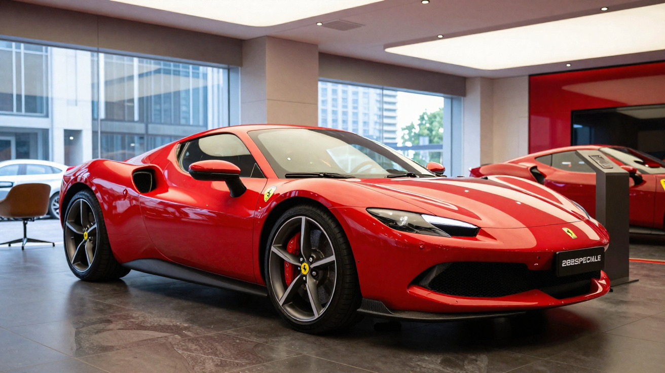 Carro desportivo vermelho Ferrari 288 GTO estacionado em showroom moderno com grandes janelas.