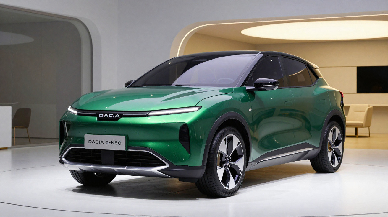 Carro elétrico Dacia C-Neo verde exposto em ambiente moderno e minimalista.
