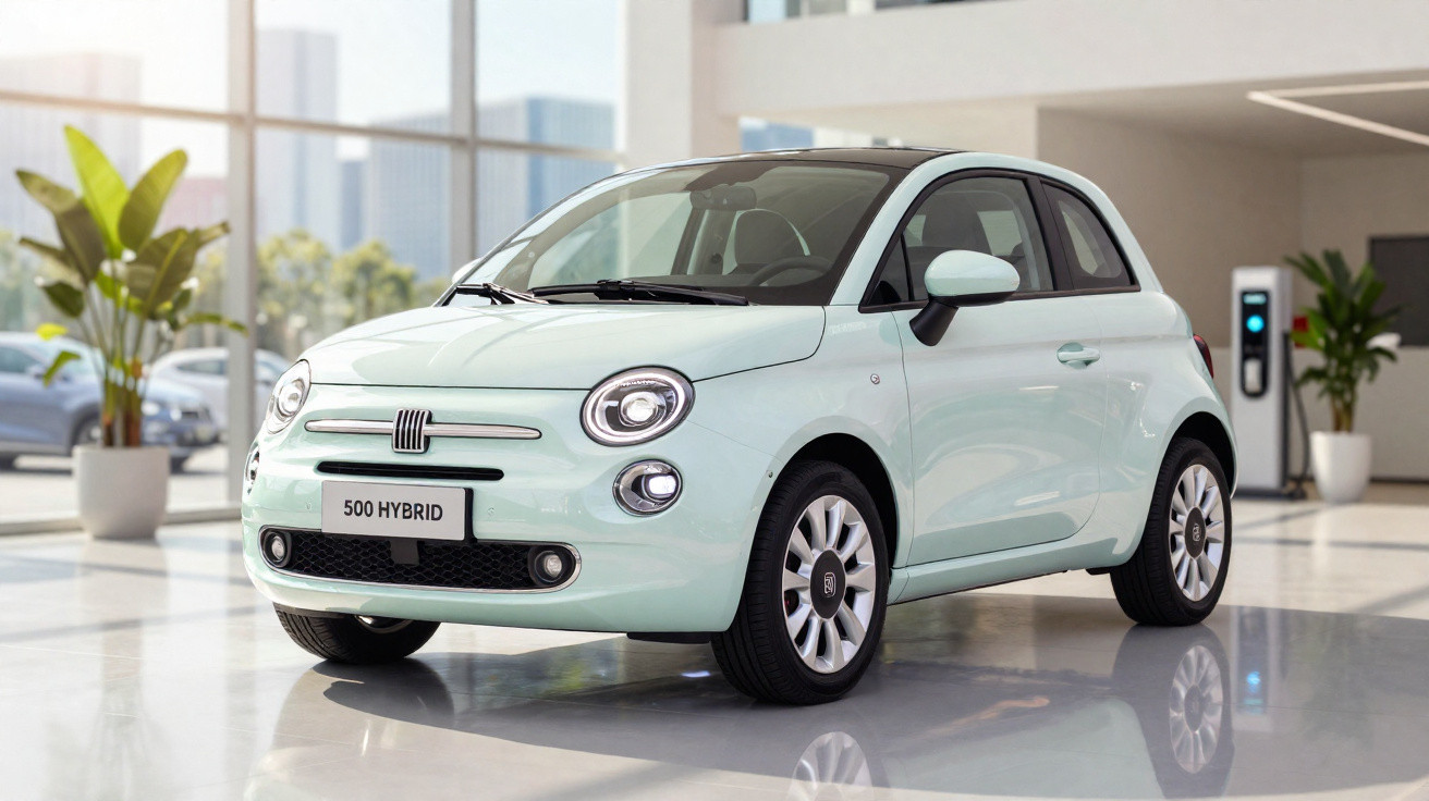 Automóvel Fiat 500 Hybrid branco estacionado em espaço interior moderno com plantas e luz natural.