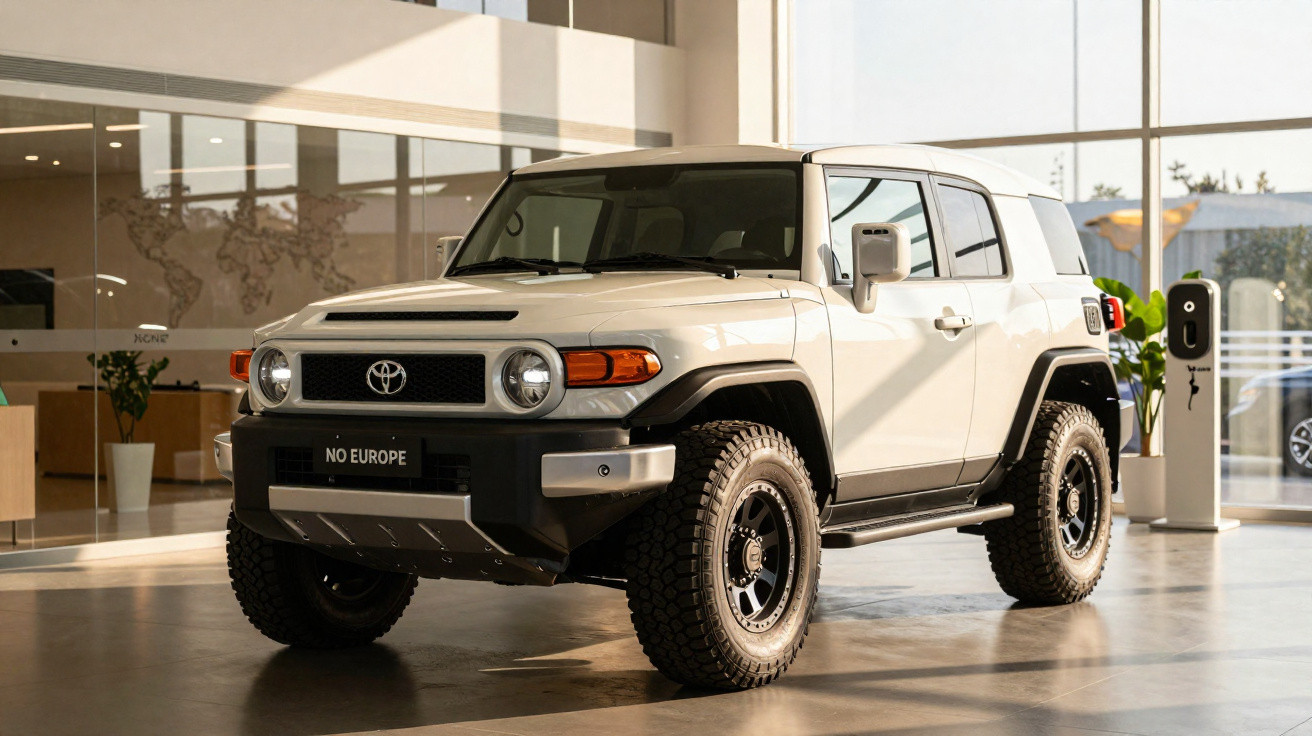 Carro Toyota FJ Cruiser branco estacionado num espaço interior com grandes janelas e carregador elétrico ao fundo.
