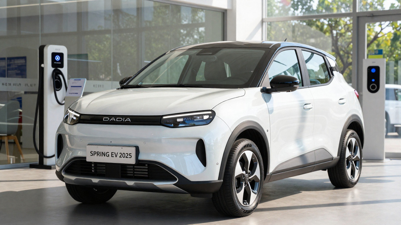 Carro elétrico branco Dacia Spring EV 2025 estacionado em showroom com postos de carregamento ao fundo.