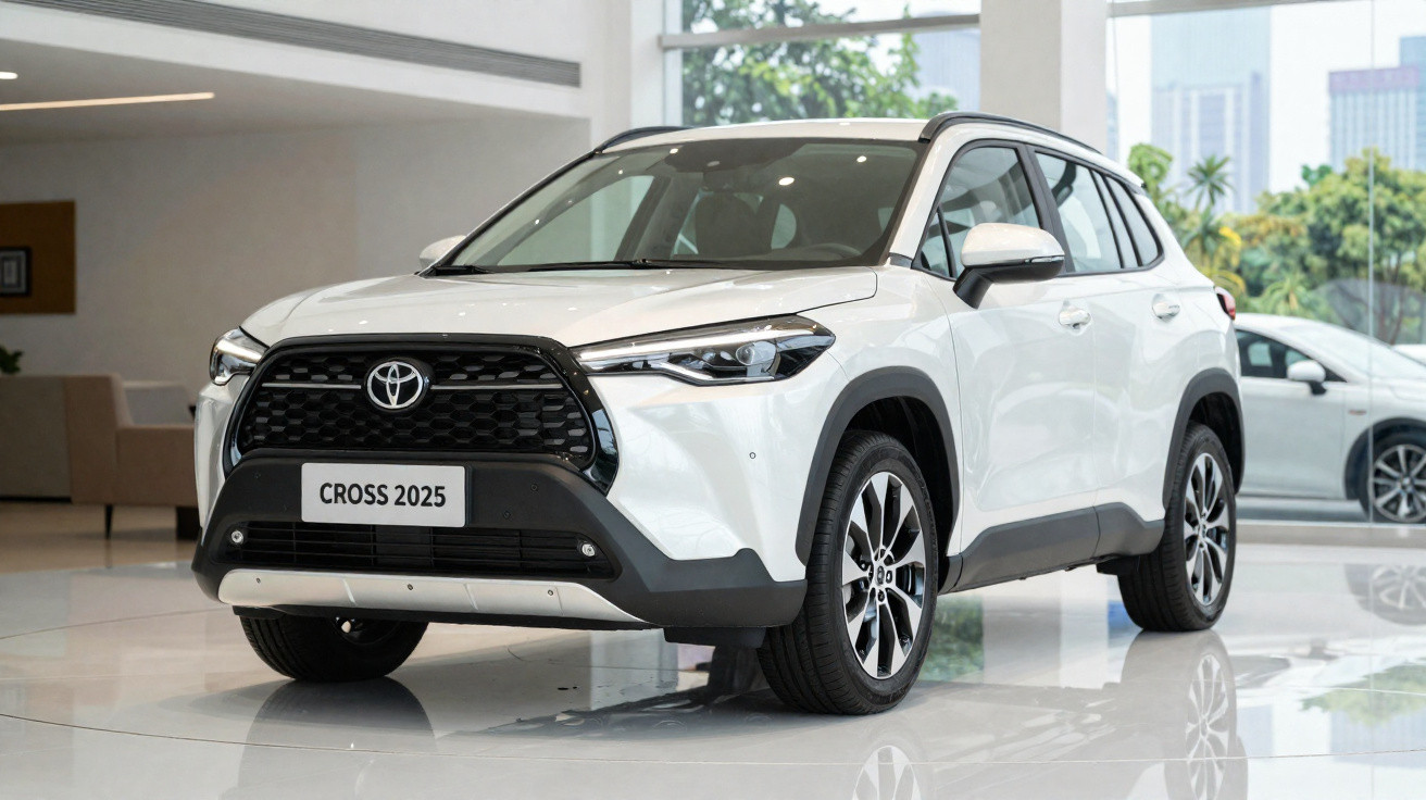 Carro Toyota Cross 2025 branco em exposição num salão automóvel moderno com iluminação natural.